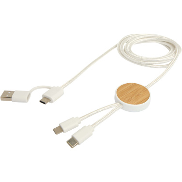 Logotrade promotional giveaway image of: Chechia 5-in-1 recycled plastic 150 cm data sync and 27W fast charge cable with bamboo details